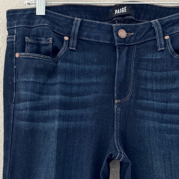 Paige Manhattan Jeans High Bootcut Flare Dark Wash Stretch Denim Blue Classic 32 - Picture 8 of 13